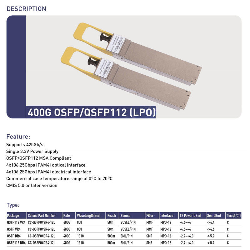 400G QSFP112 SR4 Hot-Plug Multimode Glasfasertransceiver 100m Verbindung für Rechenzentren und optische Verbindungen