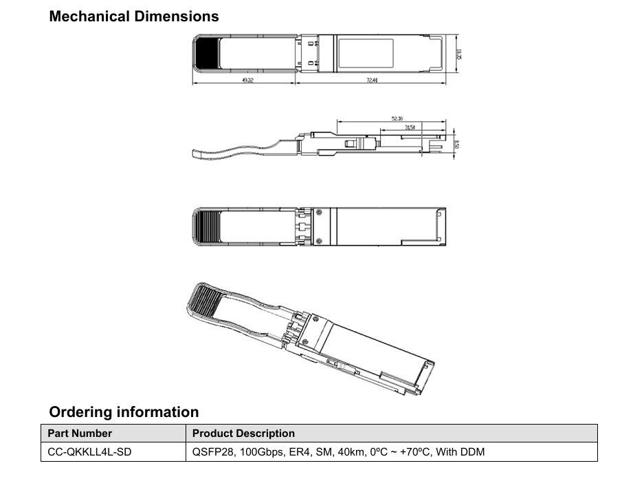 Einzelne 3,3-Volt-Stromquelle 100GBase QSFP28 ER4 40KM Glasfaserausrüstung Duplex LC Optical Transceiver Modul für Ihre Anforderungen